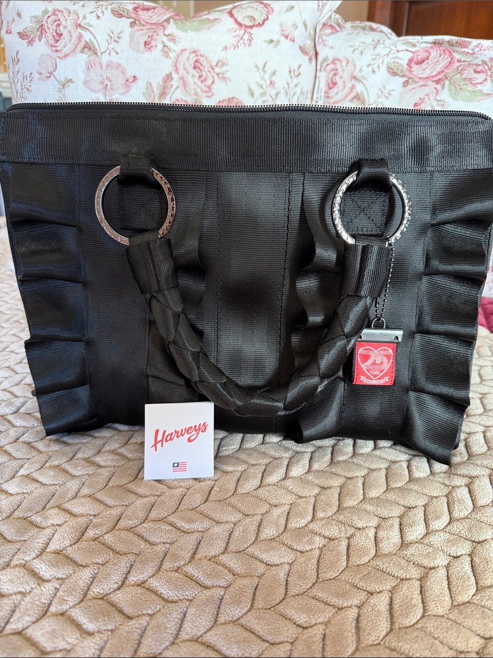 Harveys Black Ruffle Tote with Braided Handles